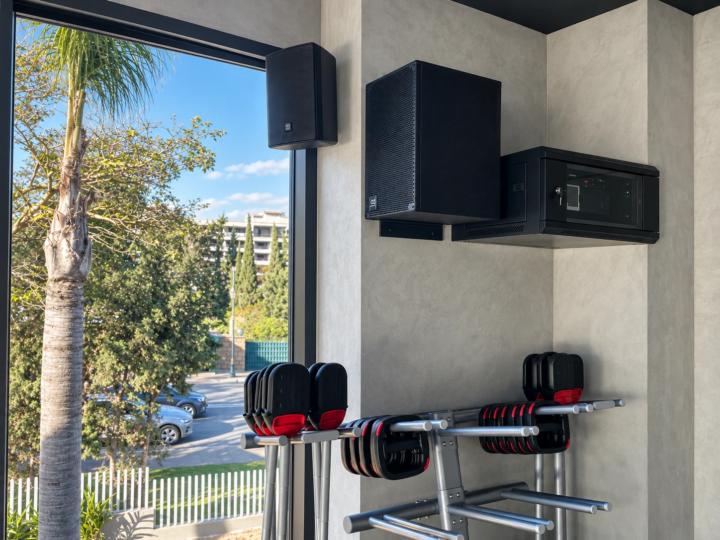 Rack mural dans une salle de cours du club fitness